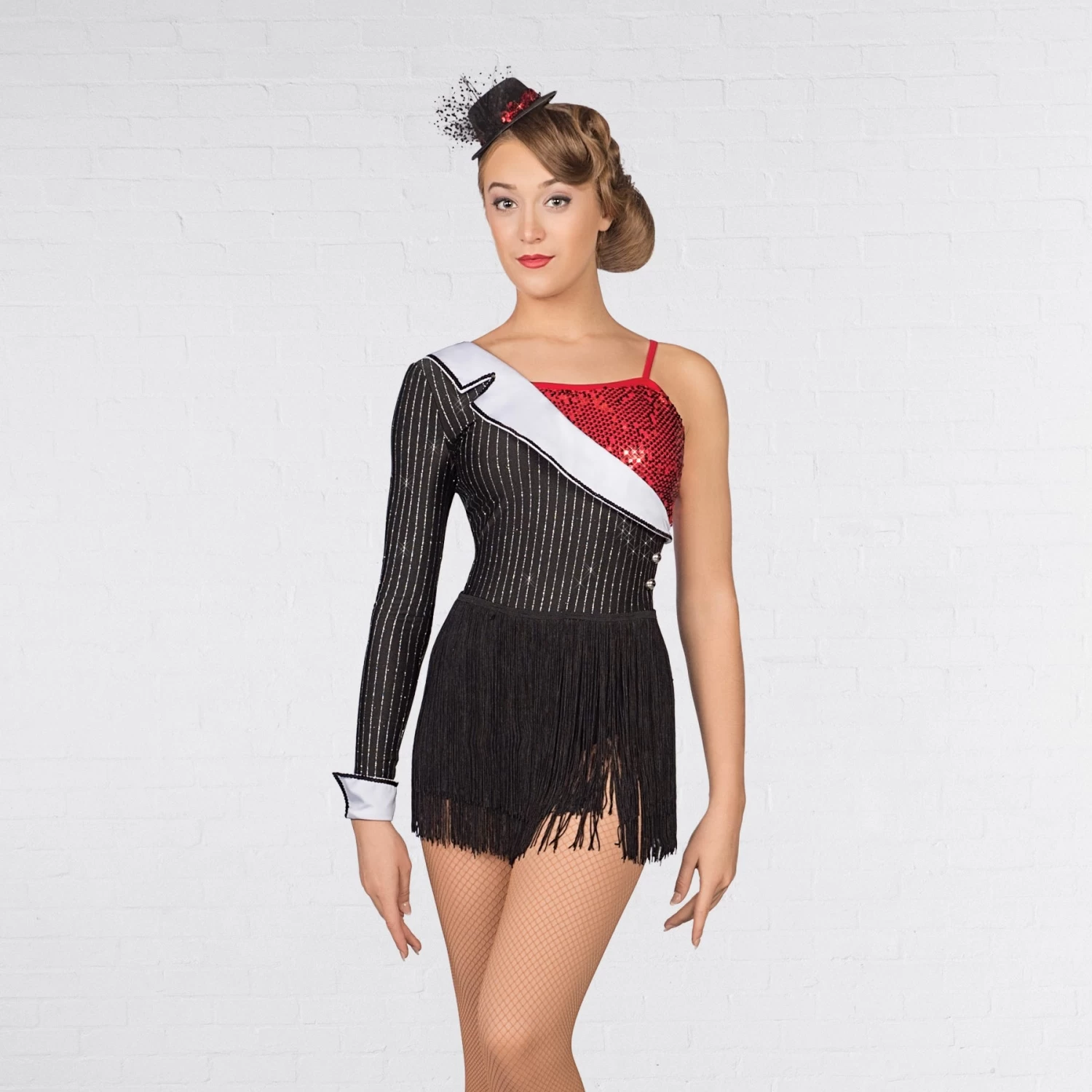 1st Position Asymmetric Pinstripe Sequin Fringe Leotard - Image 2