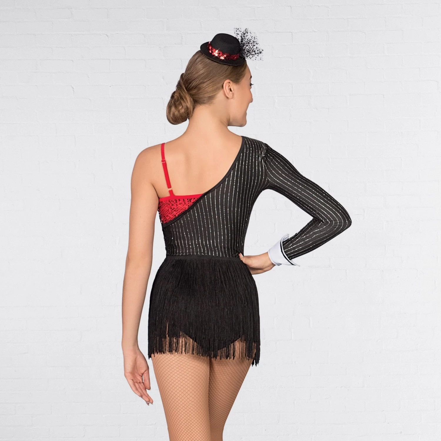 1st Position Asymmetric Pinstripe Sequin Fringe Leotard - Image 3