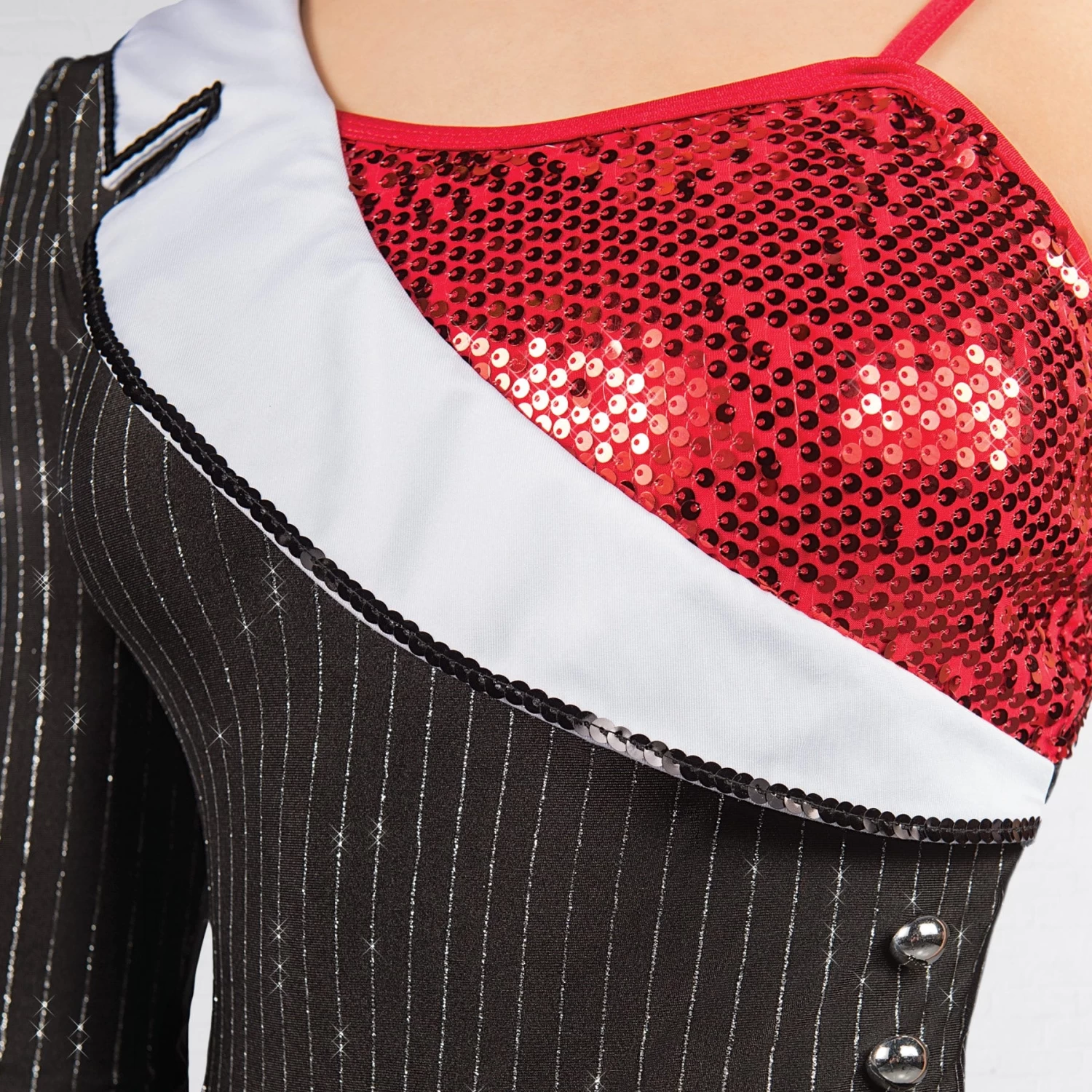 1st Position Asymmetric Pinstripe Sequin Fringe Leotard - Image 4