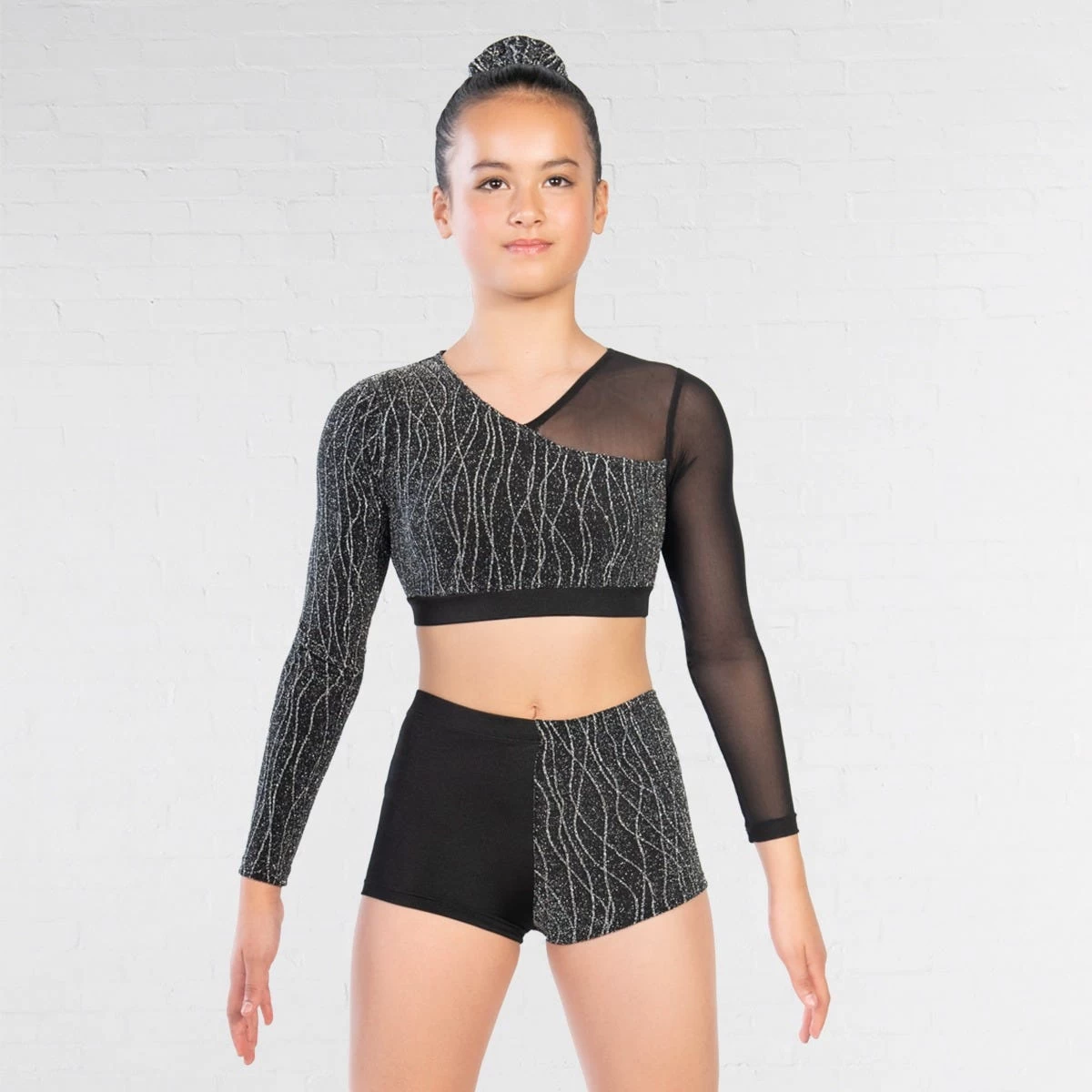 1st Position Asymmetrical Lurex And Mesh Panelled Crop Top And Shorts