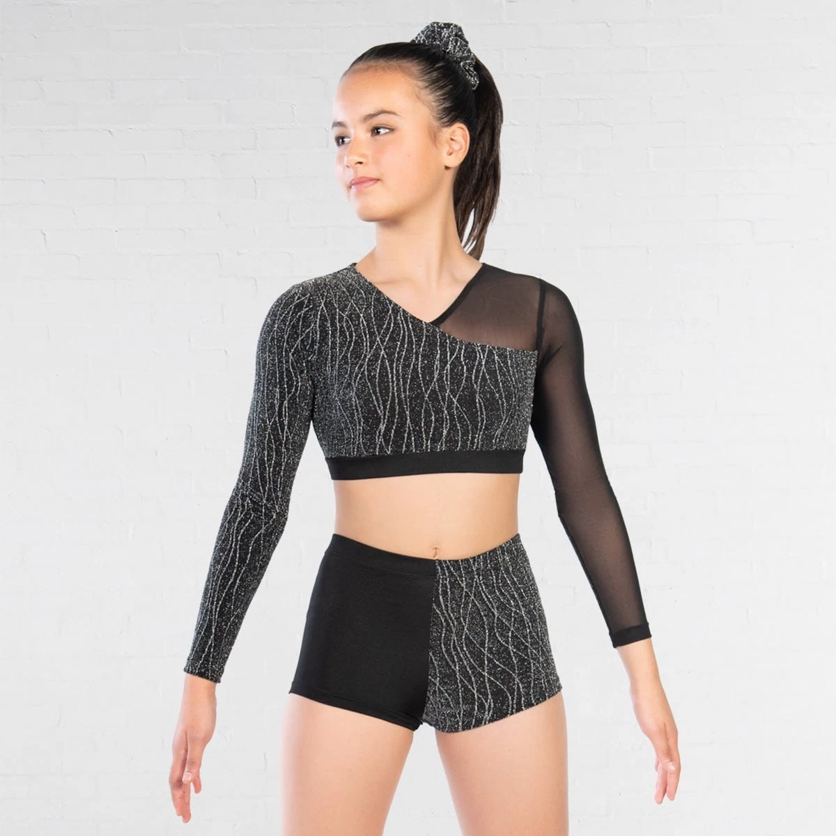 1st Position Asymmetrical Lurex And Mesh Panelled Crop Top And Shorts - Image 2