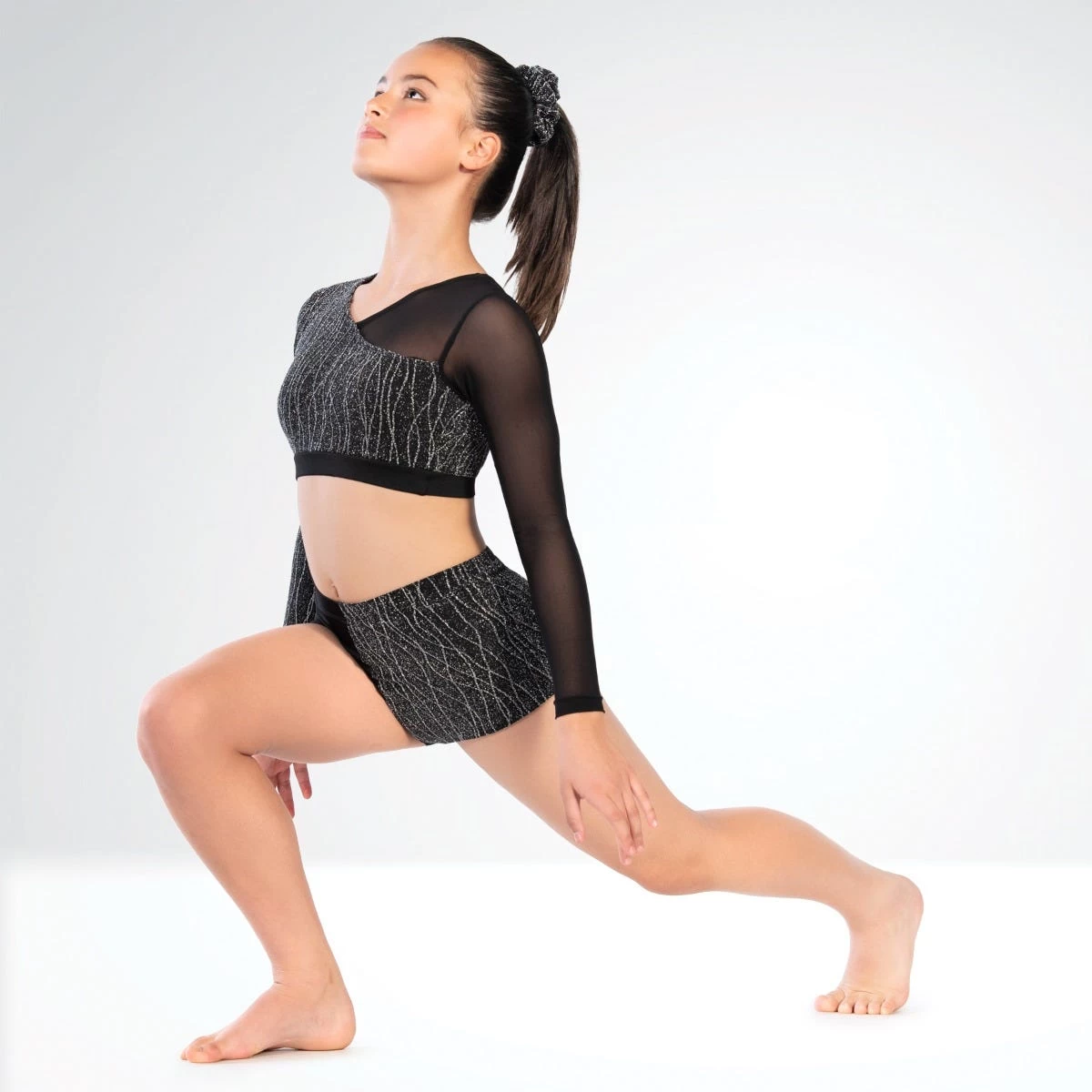 1st Position Asymmetrical Lurex And Mesh Panelled Crop Top And Shorts - Image 3