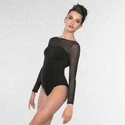 1st Position Sweetheart Neck And Mesh Long Sleeve Fashion Leotard Black