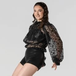 1st Position Three Piece Gathered Lace Top With Shorts And Crop Top