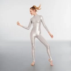 1st Position Toni Silver Long Sleeved Foil Catsuit
